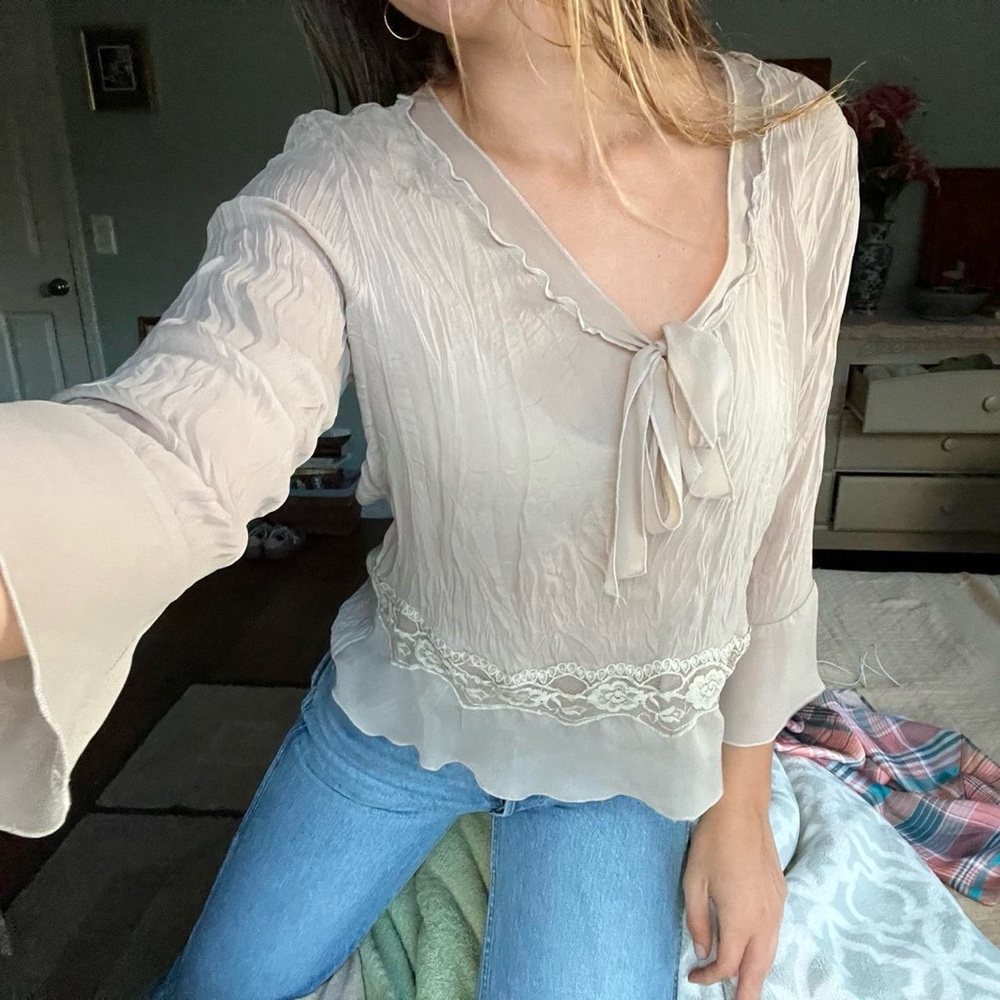 Chic Beige Blouse with Lace Trim